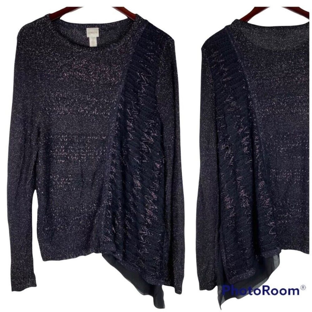 Chicos 3 (XL 1X) Sweater Pullover Black Sparkle Shimmer Metallic Asymmetrical